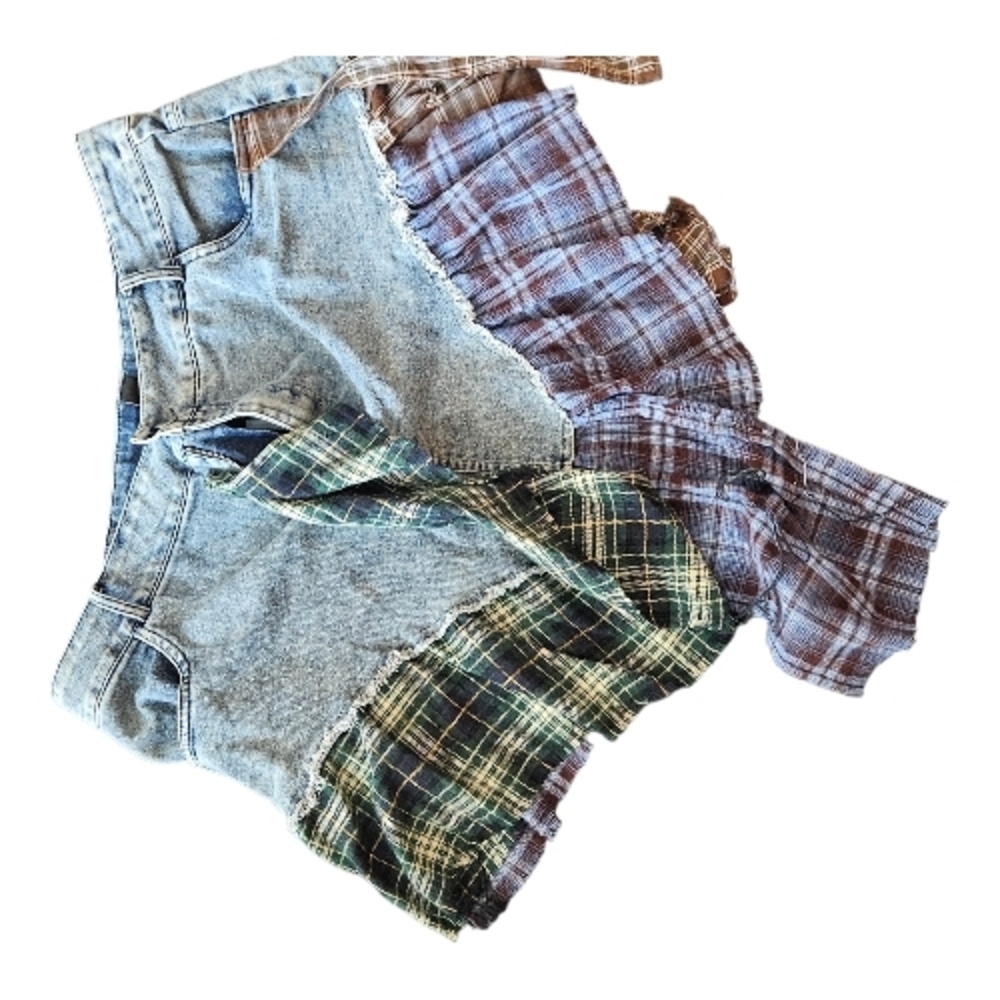Asymmetrical Denim and Plaid Skirt